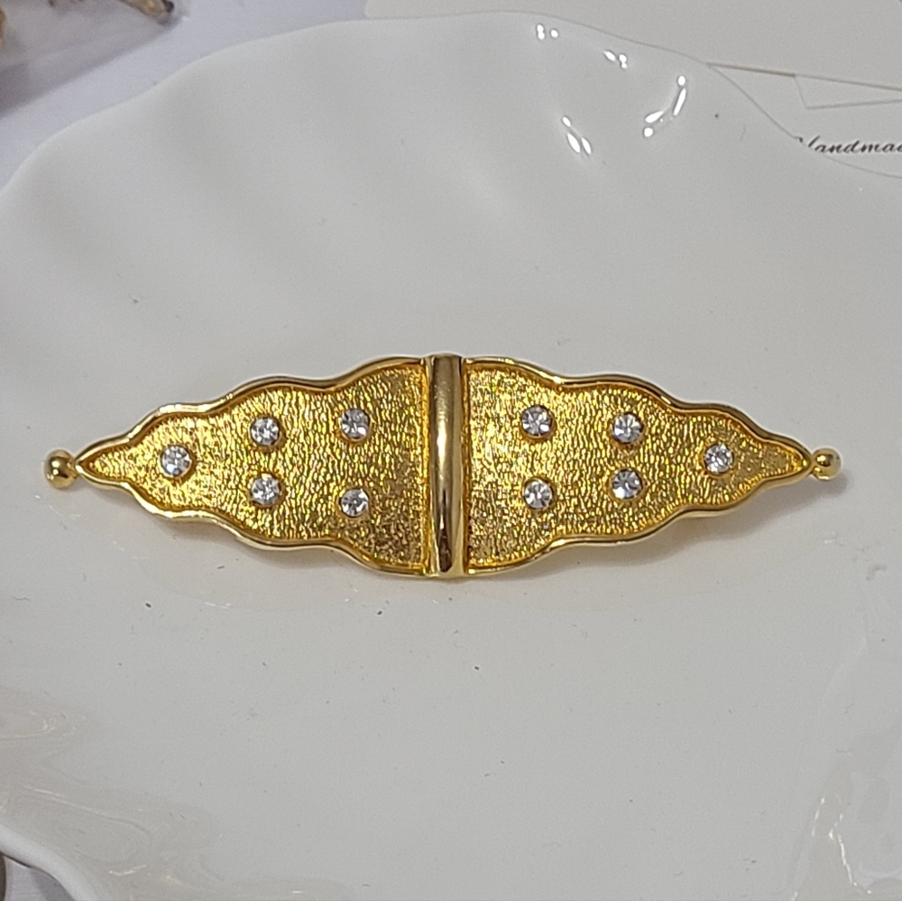 Vintage Gold Tone Costume Scalloped Dotted Rhinestone Statement Brooch